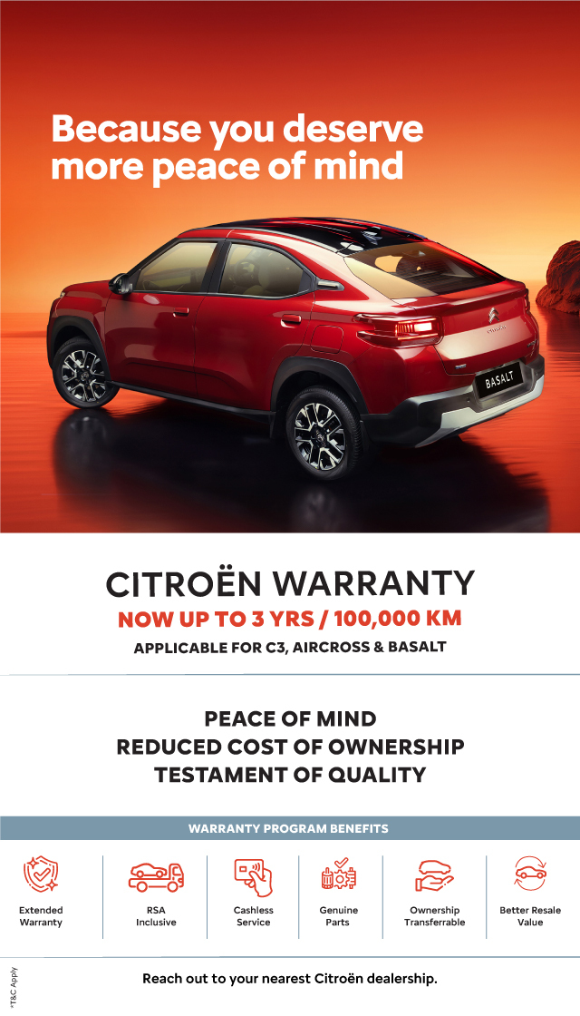 Citroën India Announces a robust Standard Warranty of 3 Years/100,000 KM on all vehicles