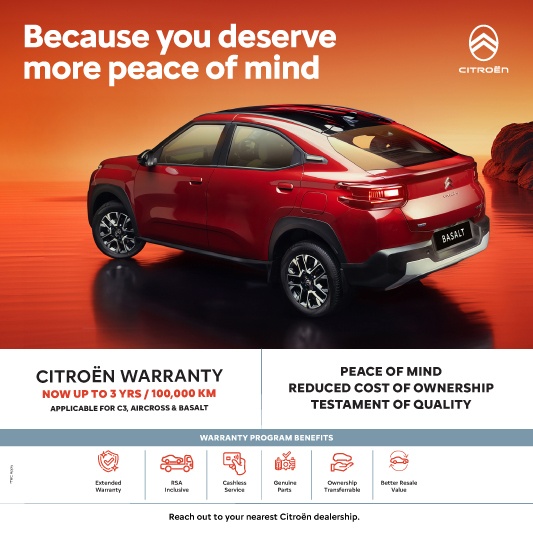 Citroën India Announces a robust Standard Warranty of 3 Years/100,000 KM on all vehicles